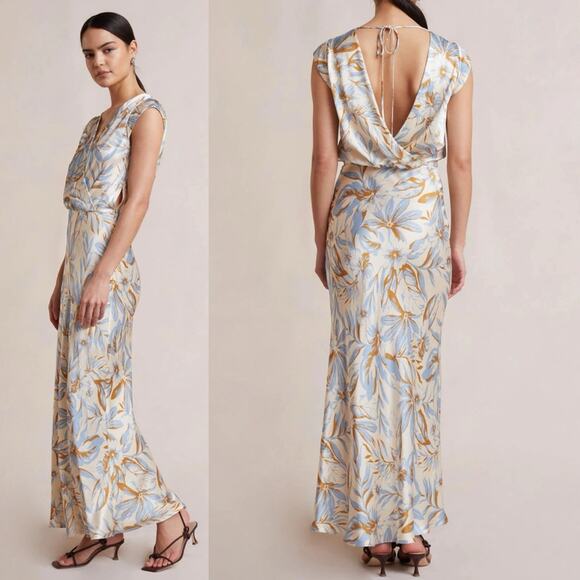 Bec Bridge Stella Maxi Dress Satin V Neck Open Back Beige Blue Floral Print 6 US - Picture 2 of 16